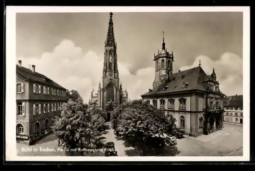AK Bühl in Baden, Partie mit Rathaus und Kirche