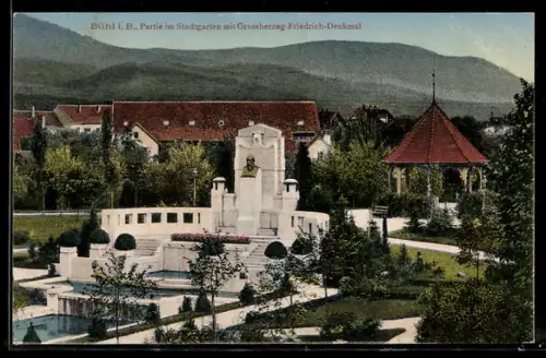 AK Bühl i. B., Stadtgarten mit Grossherzog-Friedrich-Denkmal