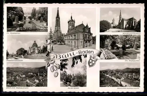 AK Bühl /Baden, Kirche und Rathaus, Stadtgarten, Blick vom Rathausturm
