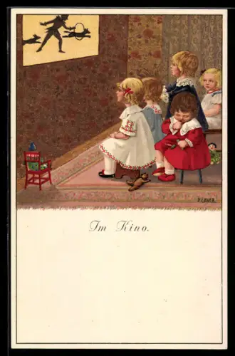 Künstler-AK Pauli Ebner: Im Kino, Kinder verfolgen ein Schattenspiel an der Wand