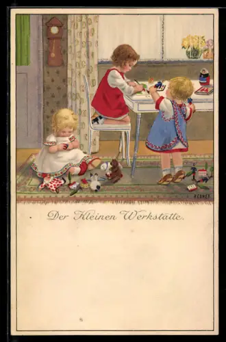 Künstler-AK Pauli Ebner: Kleine Kinder spielen und basteln an einem Tisch