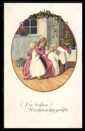 Künstler-AK Pauli Ebner: Junge Frau mit zwei kleinen Weihnachtsengeln