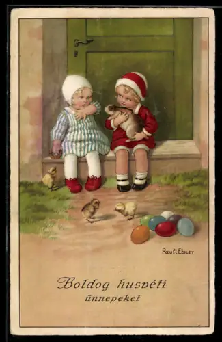 Künstler-AK Pauli Ebner: Zwei kleine Kinder mit einem Kaninchen und Küken