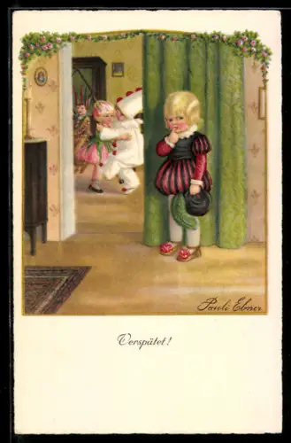 Künstler-AK Pauli Ebner: Verspätet, Kinder in Kostümen beim Tanz