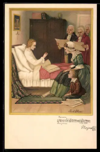 Künstler-AK Pauli Ebner: Mozart, Requiem, Kranker Mann im Bett