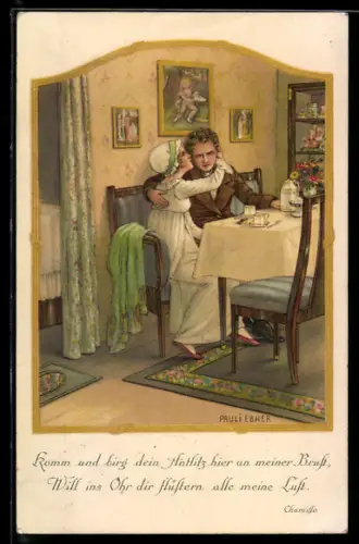 Künstler-AK Pauli Ebner: Junges Paar am Kaffeetisch in der Stube