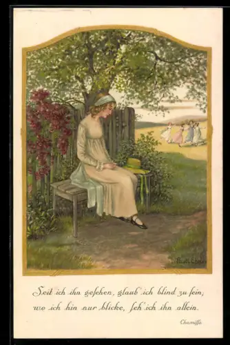 Künstler-AK Pauli Ebner: Junge Frau auf einer Bank unter einem Baum