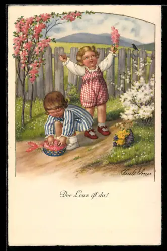 Künstler-AK Pauli Ebner: Zwei Kinder sammeln Blüten im Frühling