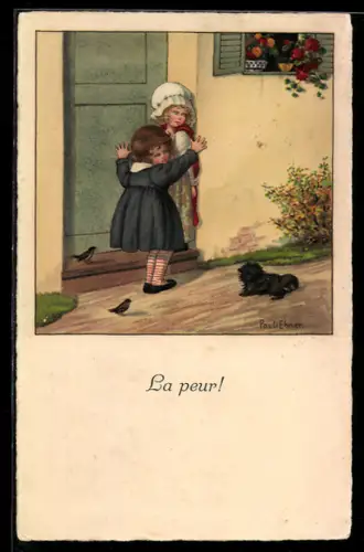 Künstler-AK Pauli Ebner: La peur!, Zwei Mädchen mit Hund vor der Haustür