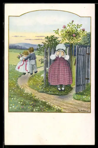 Künstler-AK Pauli Ebner: Kind weint am Gartenzaun & anderes Kinderpaar zieht von dannen