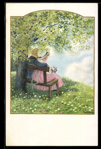 Künstler-AK Pauli Ebner: Paar sitzt zusammen auf einer Bank im Grünen