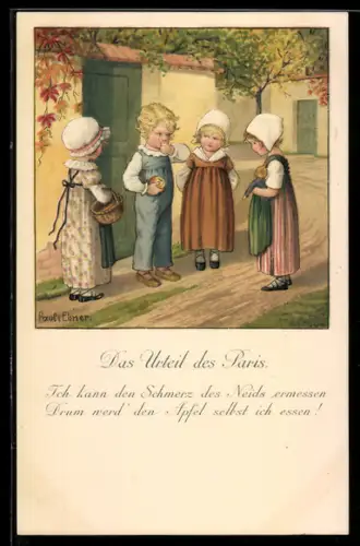 Künstler-AK Pauli Ebner: Vier Kinder mit einem Apfel auf einem Weg im Ort