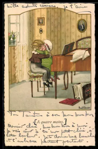 Künstler-AK Pauli Ebner: Junges Paar küsst sich am Klavier