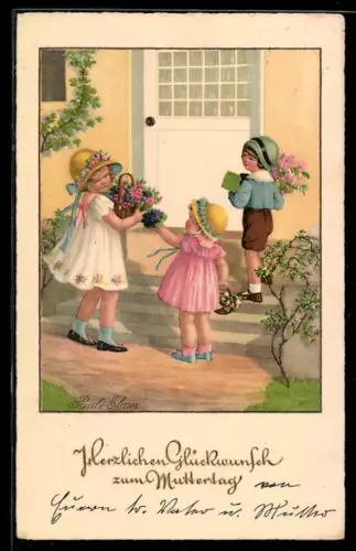 Künstler-AK Pauli Ebner: Kinder mit Blumen und Geschenken vor einer Haustür