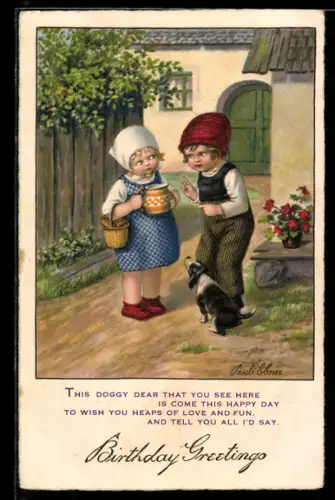Künstler-AK Pauli Ebner: Zwei Kinder im Hof mit einem kleinen Hund