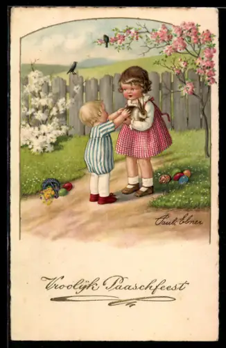 Künstler-AK Pauli Ebner: Kinder streicheln einen Osterhasen, Ostereier