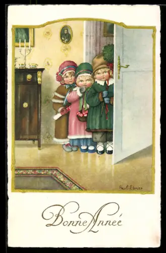 Künstler-AK Pauli Ebner: Drei kleine Kinder mit Geschenken zum neuen Jahr