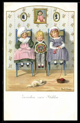 Künstler-AK Pauli Ebner: Junge mit Blumenstrauss sitzt zwischen zwei Mädchen, Katze