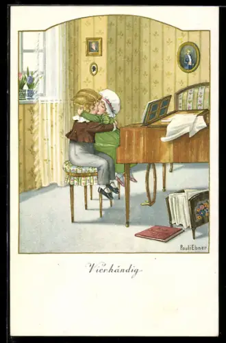 Künstler-AK Pauli Ebner: Vierhändig, küssendes Paar am Klavier
