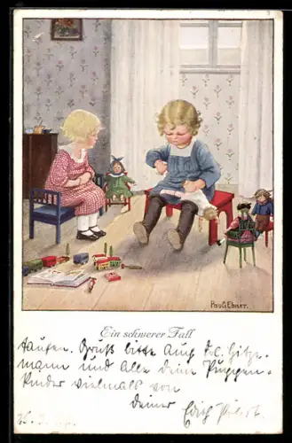 Künstler-AK Pauli Ebner: Die kaputte Puppe, Bein ab - ein schwerer Fall