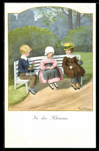 Künstler-AK Pauli Ebner: In der Klemme, Mädchen sitzt auf der Bank zwischen ihren Verehrern