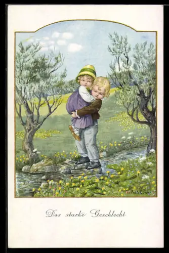 Künstler-AK Pauli Ebner: Das starke Geschlecht, Bruder trägt seine Schwester über den Fluss