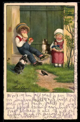 Künstler-AK Pauli Ebner: Egoist, Junge isst Brot und Apfel während die Anderen zusehen