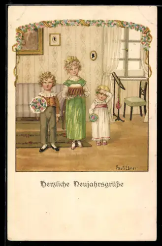 Künstler-AK Pauli Ebner: drei Kinder mit Blumen und einem Kuchen