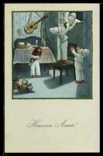 Künstler-AK Pauli Ebner: Vorbereitung zum Schmaus, Kinder holen Sekt zu ihrem Picknickkorb