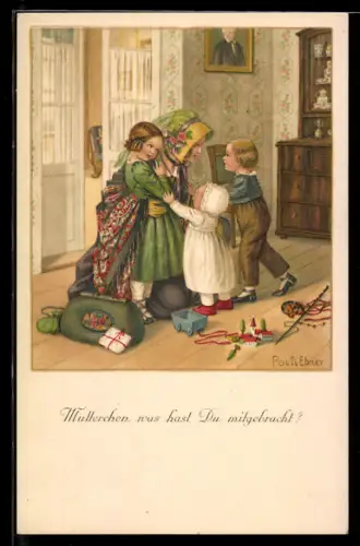 Künstler-AK Pauli Ebner: Mutterchen was hast Du mitgebracht?, Kinder erwarten Geschenke