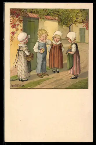 Künstler-AK Pauli Ebner: Vier Kinder mit Apfel und Puppe vor einem Tor