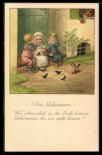 Künstler-AK Pauli Ebner: Das Geheimnis, Tuschelnde Kinder sitzen vor der Tür