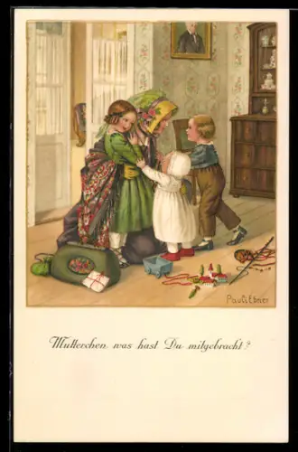 Künstler-AK Pauli Ebner: Drei Kinder rennen zu ihrer Mutter