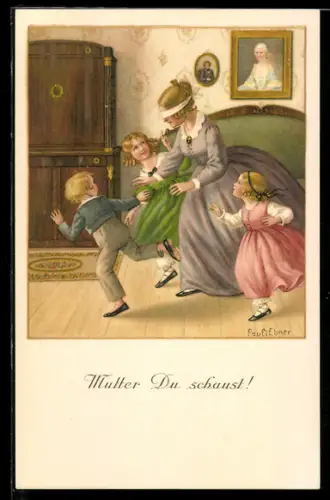 Künstler-AK Pauli Ebner: Frau und Kinder spielen Blinde Kuh
