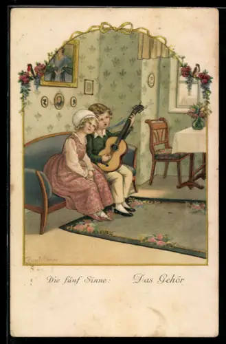 Künstler-AK Pauli Ebner: Junge singt und spielt Gitarre