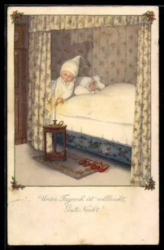 Künstler-AK Pauli Ebner: Knabe löscht die Kerze, unser Tagwerk ist vollbracht