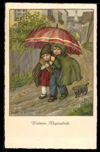 Künstler-AK Pauli Ebner: Kinder laufen unterm Regenschirm durch den stömenden Regen, Hund