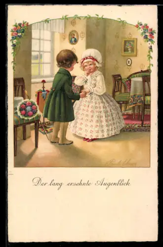 Künstler-AK Pauli Ebner: Junge hält Hand von Mädchen, Der lang ersehnte Augenblick