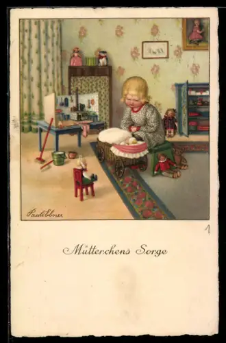 Künstler-AK Pauli Ebner: Mädchen im Kinderzimmer mit Puppenhaus