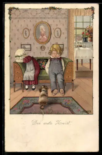 Künstler-AK Pauli Ebner: der erste Zwist, Kinder haben sich gestritten, Hund
