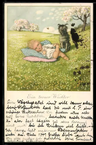 Künstler-AK Pauli Ebner: Kleinkind und Hund auf einer Blumenwiese