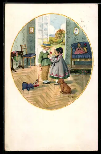 Künstler-AK Pauli Ebner: Mädchen steckt einem Jungen eine Blume ans Hemd