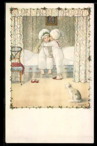 Künstler-AK Pauli Ebner: Zwei Kinder sagen sich gute Nacht, Katze schaut zu