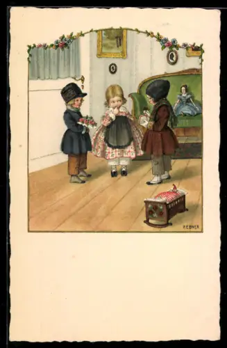 Künstler-AK Pauli Ebner: Zwei Jungen bringen einem Mädchen Geschenke