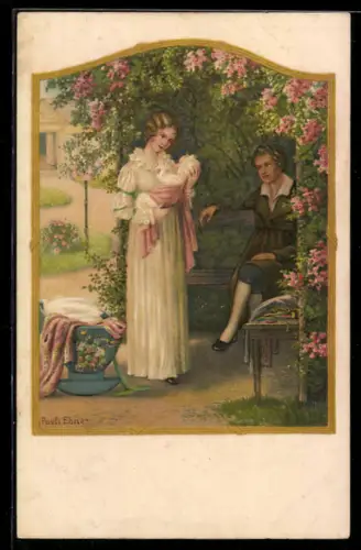 Künstler-AK Pauli Ebner: Junge Dame hält ihr Baby in den Armen
