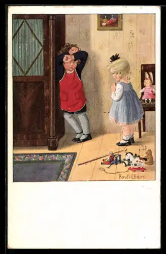 Künstler-AK Pauli Ebner: Junge versteckt sich hinter seinen Armen