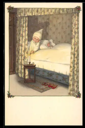 Künstler-AK Pauli Ebner: Kleines Kind löscht die Kerze am Abend