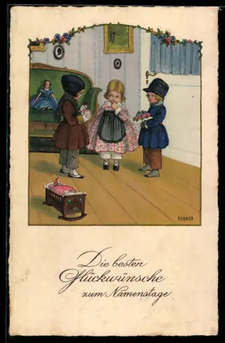 Künstler-AK Pauli Ebner: Zwei Jungen bringen einem Mädchen beide Geschenke