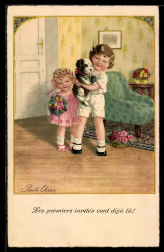 Künstler-AK Pauli Ebner: Lächelnder Junge hält einen Welpen in den Armen