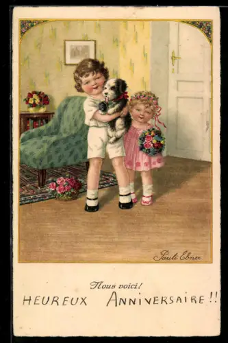 Künstler-AK Pauli Ebner: Junge hält glücklich einen Welpen in den Armen